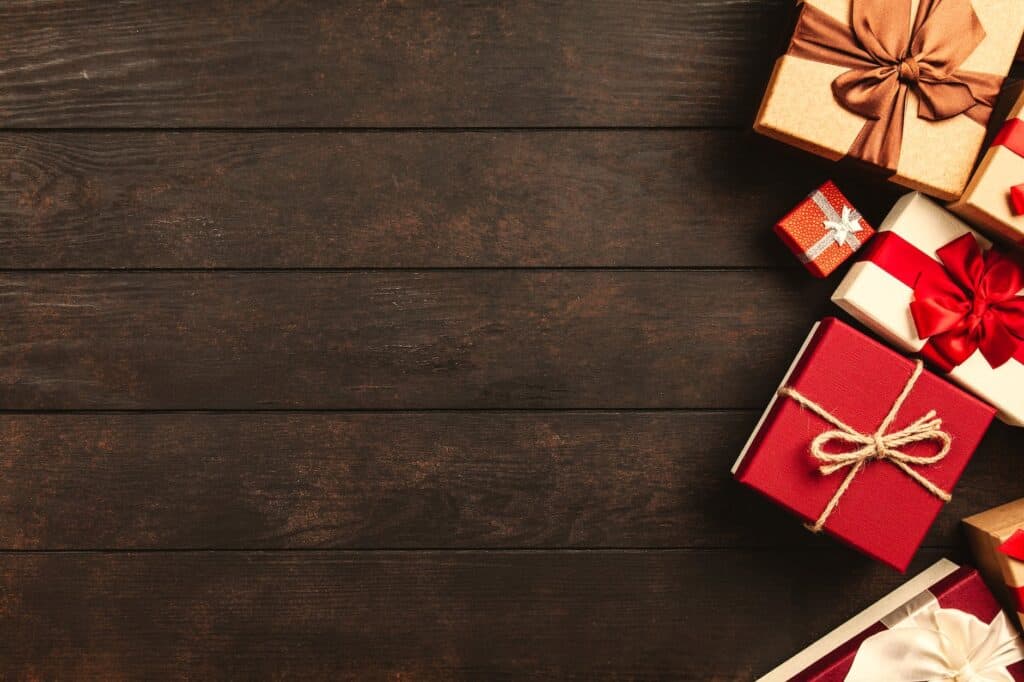 red white and brown gift boxes