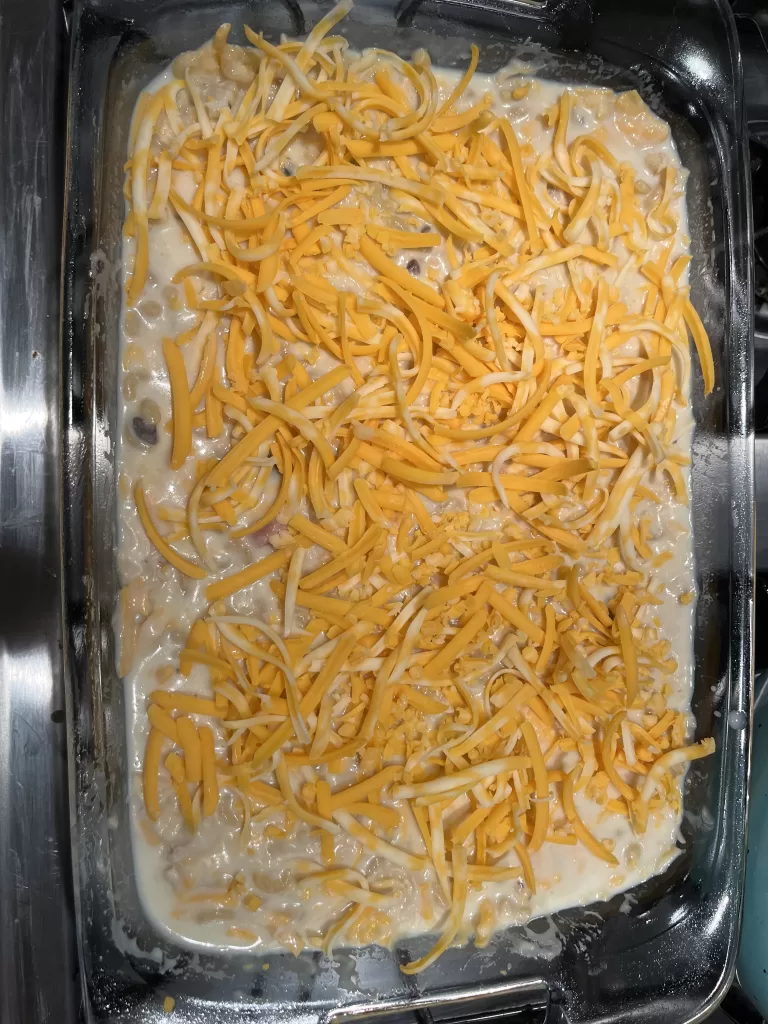 chicken macaroni casserole before going into the oven.