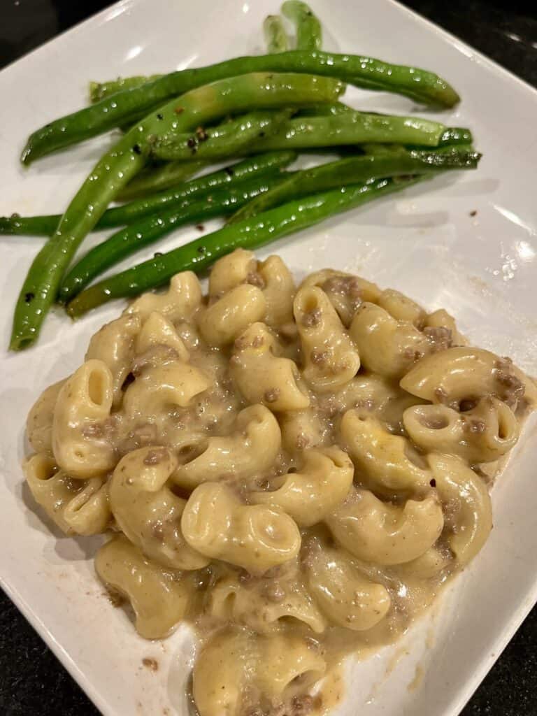 Homemade hamburger helper with green beans